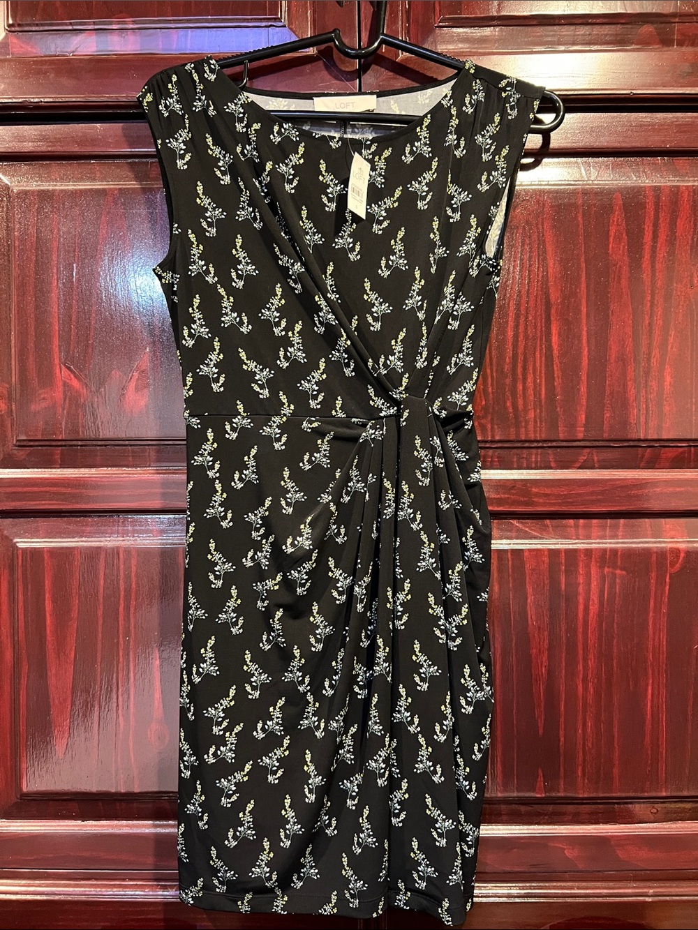 LOFT Black Floral Faux-Wrap Midi Dress, NWT. Size S